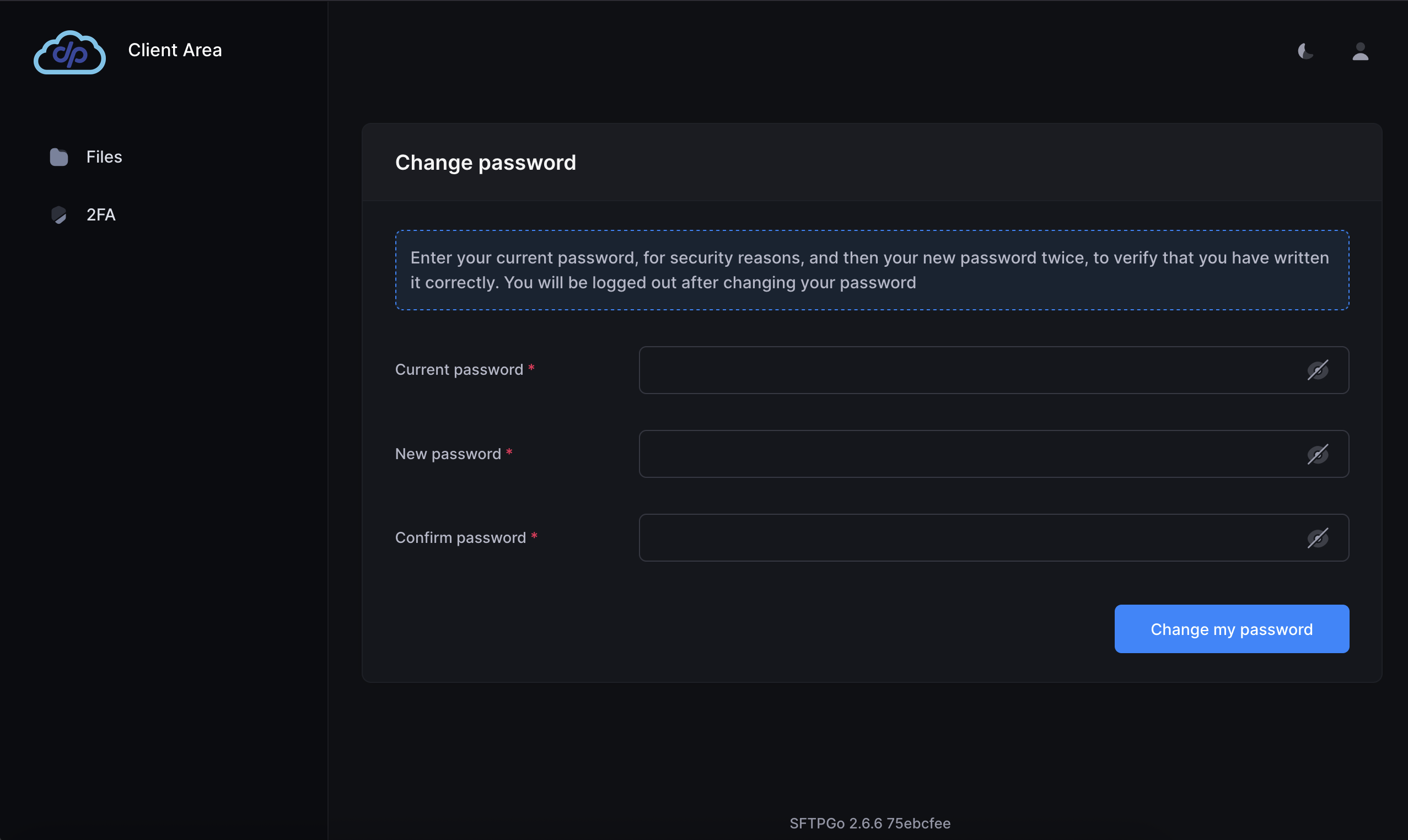 Change password screen